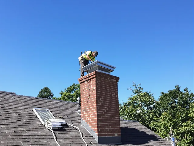 Groton Chimney Sweep technician measuring a chimney cap in Groton, MA