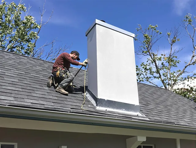 Groton Chimney Sweep team member finishing chimney construction in Groton, MA