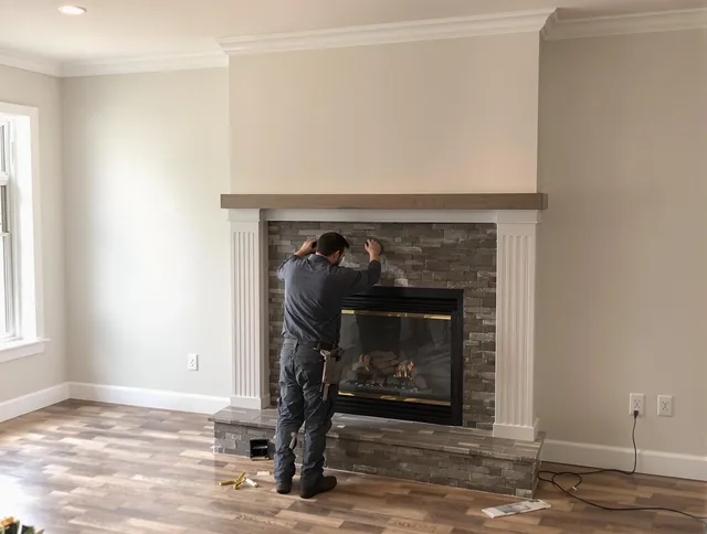 Groton Chimney Sweep finishing a custom fireplace install in Groton, MA